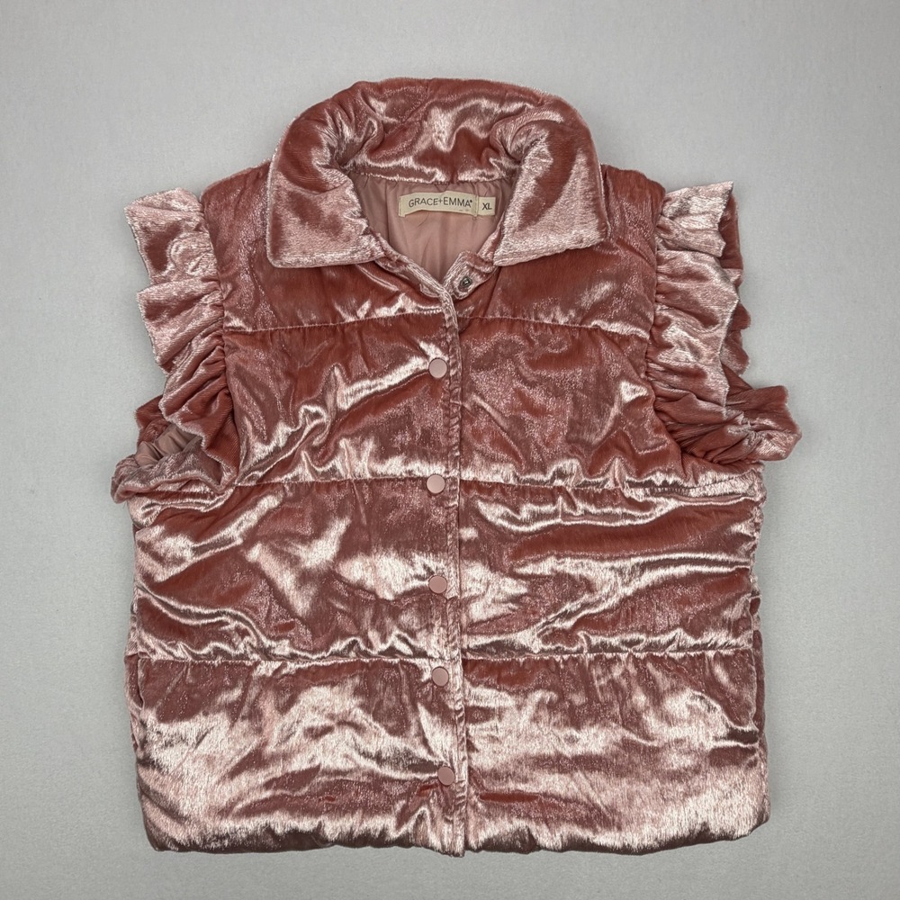 Grace+Emma Pink Velvet Ruffle Puffer Vest XL Quilted Snap Front Sleeveless